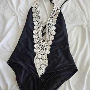 Massimo Black and Cream Lace One Piece Swimsuit